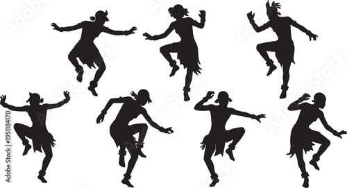 Black Solid African Dancer Silhouettes Set of Six on White Background