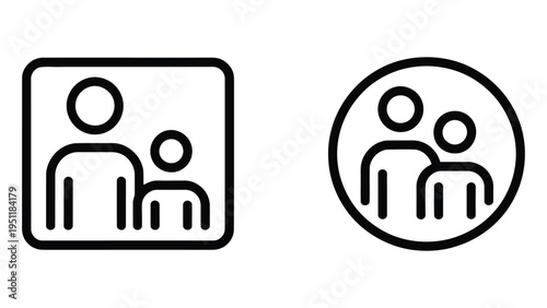 minimal line icon set of family members in square and circle frames, user profile concept illustration, people avatar outline design