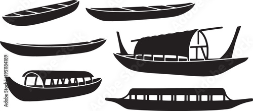Black Solid Traditional African Dugout Canoes and Boats Silhouettes Set of Six on White Background
