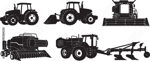 Black Solid Agricultural Tractors Silhouettes Set of Six on White Background