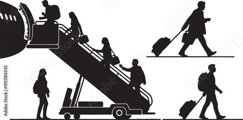 Black Solid Airplane Disembarking Silhouettes Set of Six on White Background