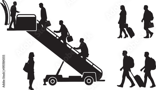 Black Solid Airplane Disembarking Silhouettes Set of Six on White Background