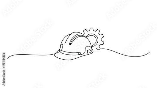 minimal line icon of construction helmet with gear, engineering and safety concept illustration, industry work symbol simple outline design