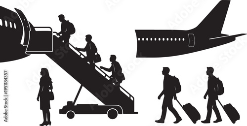 Black Solid Airplane Disembarking Silhouettes Set of Six on White Background
