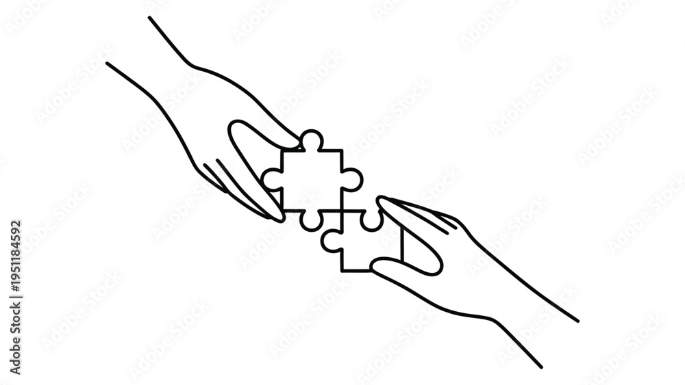 Fototapeta premium minimal line icon of two hands connecting puzzle pieces, teamwork and collaboration concept illustration, partnership solution outline design