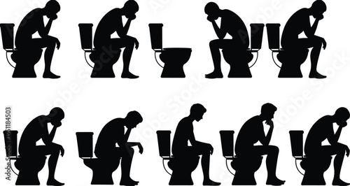 Silhouette of a Person Sitting on a Toilet in Various Poses Keywords: silhouette, person, sitting, toilet, bathroom, restroom
