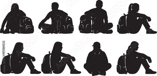 Black Solid Floor Waiting Silhouettes Set of Six on White Background