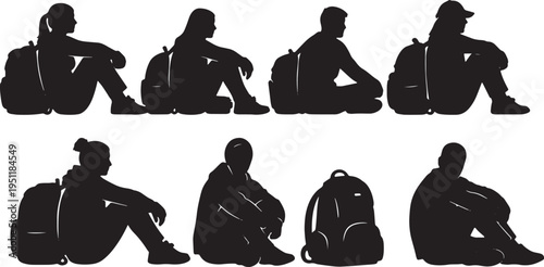 Black Solid Floor Waiting Silhouettes Set of Six on White Background