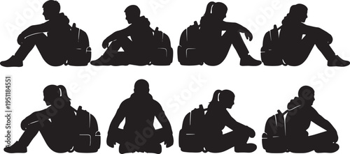 Black Solid Floor Waiting Silhouettes Set of Six on White Background