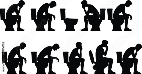Silhouettes of Men Sitting on Toilet in Various Poses Keywords: man, male, toilet, restroom, bathroom, sitting, silhouette, icon