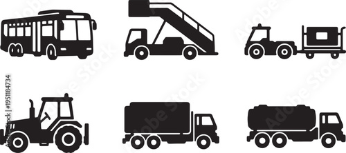 Black Solid Public Airport Shuttle Buses and Airside Vehicles Silhouettes Set of Six on White Background