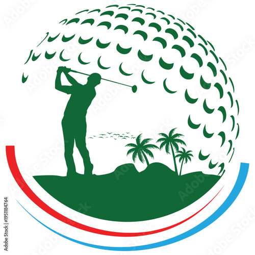 A green silhouette of a golfer hitting a ball integrated into a stylized golf ball and palm trees