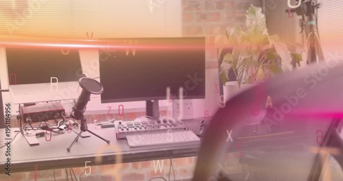 Vertical video: Desk setup revealing mic as animated overlay sweeping in, showing creator tools