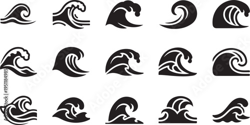 Collection of various wave icons in black and white