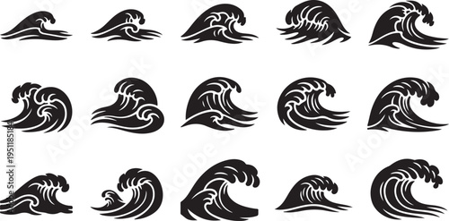 Collection of black wave icons on white background