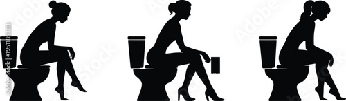 Three Black Silhouettes of Women Sitting on Toilet Bowls on White Background bathroom restroom