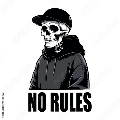 Skull in Hoodie Street Style Illustration with No Rules Text. Urban Skull Character Wearing Hoodie and Cap No Rules Typography. 