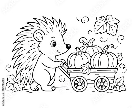 Cute hedgehog pulling wagon with pumpkins autumn scene coloring page for kids
