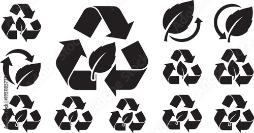 Recycling symbols and leaf icons for eco friendly practices