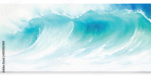 A large, powerful ocean wave captured in a watercolor style, with intense turquoise and blue hues, white spray, and a sense of natural, majestic force