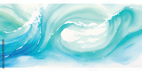 A powerful, stylized ocean wave painted with vibrant watercolor in shades of deep blue and emerald, showcasing dynamic motion and energetic water textures