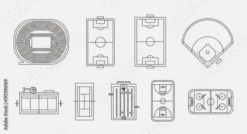 Collection of Various Sports Field and Court Layouts in Black and White.