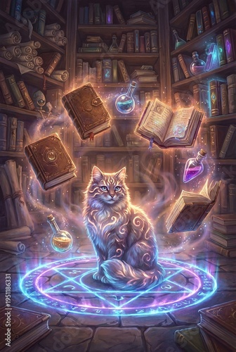 Enchanted Wizard Cat Casting Spell with Glowing Orb in Ancient Ruins Fantasy Illustration