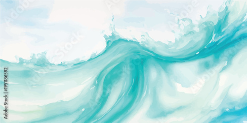 Abstract depiction of water motion with flowing brushstrokes in vibrant shades of teal, blue, and white, creating a dynamic and serene background texture, white space