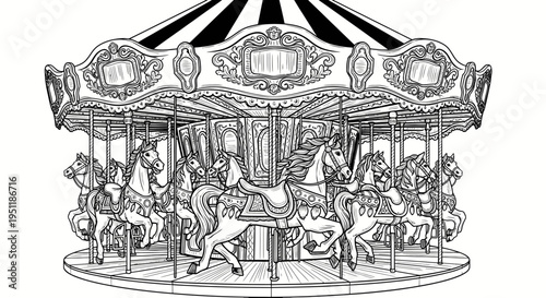 Vintage Carousel Horses Black and White Line Drawing