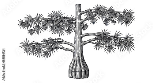 Vintage Swamp Cypress Tree Illustration, Black and White, Isolated