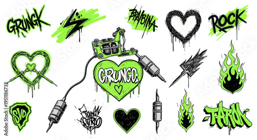 Graffiti Tattoo Art Collection: Hearts, Flames, Lightning, and Ink Machine