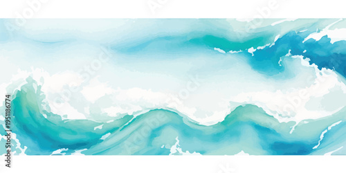 Vibrant watercolor painting of ocean waves, abstract artistic rendering of swirling turquoise and blue water with white foam, representing power and motion, perfect for coastal themes and backgrounds