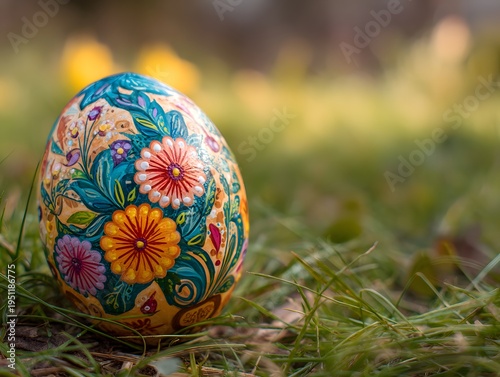 Painting of beautiful easter egg with floral design on meadow
