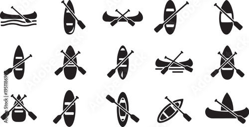 Kayak and Paddle Icons in Black and White Style