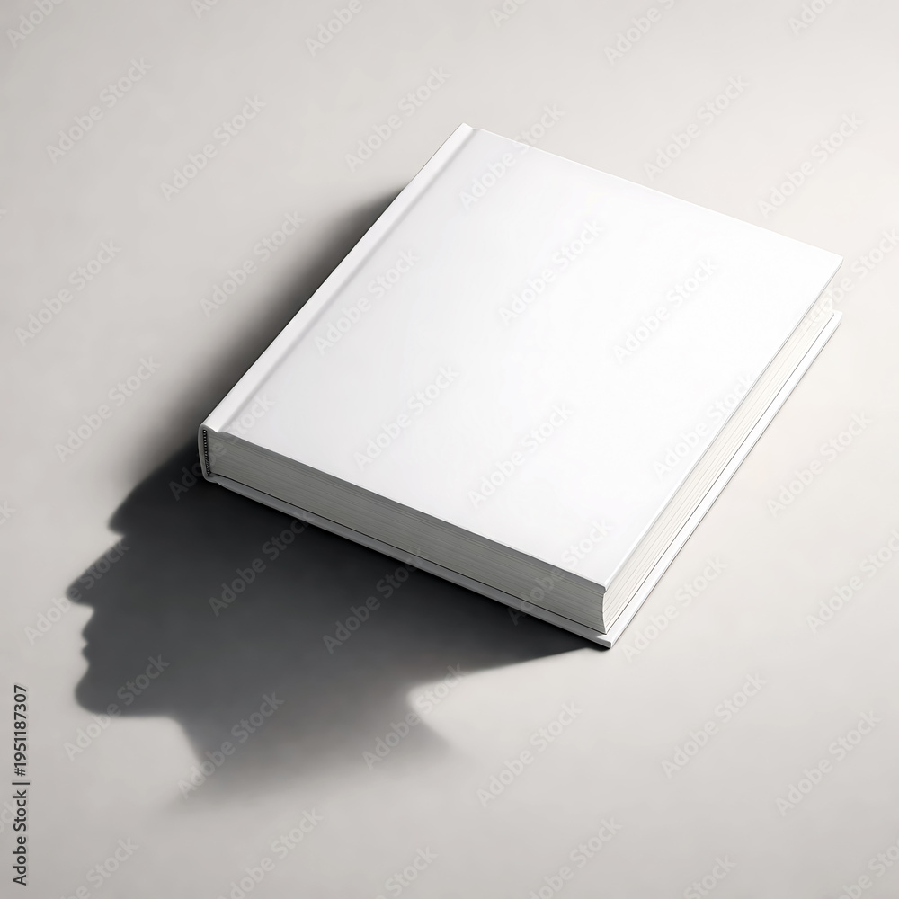 Fototapeta premium Closed blank white book with a human head silhouette shadow
