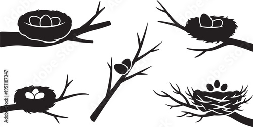 Bird Nests on Branches with Eggs Silhouette Illustration Set