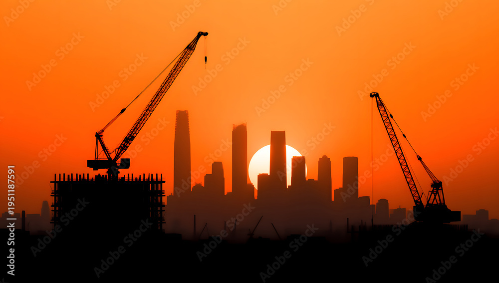 Obraz premium City skyline construction silhouette at sunset