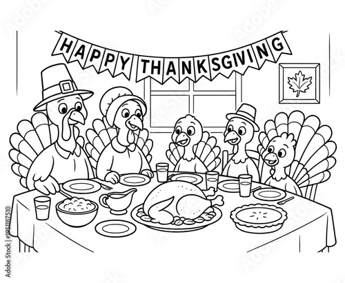 Family of turkeys enjoying thanksgiving dinner together at dining table coloring page art
