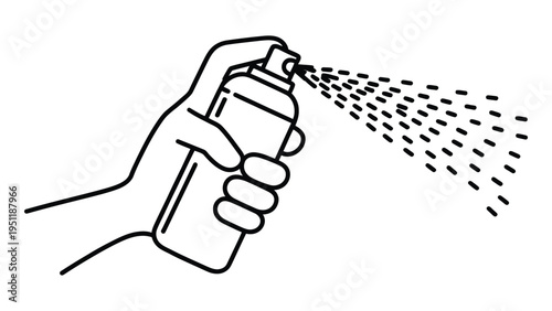 minimal line icon of hand holding spray bottle with mist, disinfectant or aerosol concept, simple outline illustration, cleaning hygiene symbol