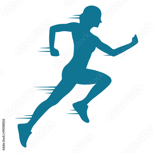 A blue silhouette of a female runner sprinting forward with motion blur lines for visual effect