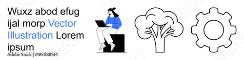 Technology, nature, sustainability, work productivity, environmental innovation, vector graphics. Woman sitting with a laptop, tree and gear-shaped icon. Technology and nature