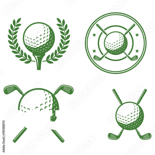 A collection of four vintage green golf themed emblems featuring balls and crossed golf clubs