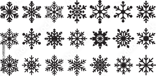Collection of unique black snowflakes on white background