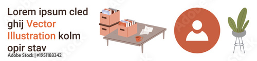 Office work, profile creation, personal identity, workspace organization, interior design, minimalism. Desk with boxes, papers plant and profile icon. Workspace organization and profile creation