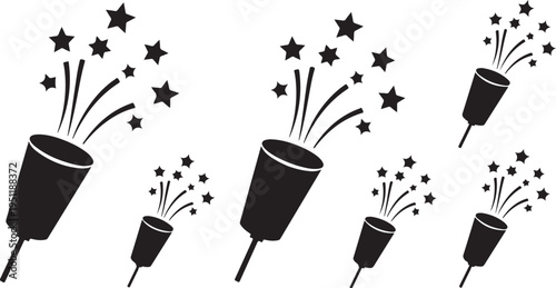 Black Fireworks Exploding with Stars on White Background Illustration