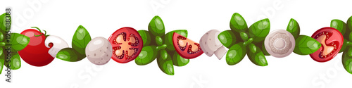 Seamless border with tomatoes, basil and mushrooms