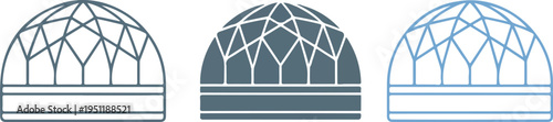 Minimalist Geometric Dome Illustration Set Showing Triangular Architectural Structures in Outline, Solid Gray, and Blue Vector Design