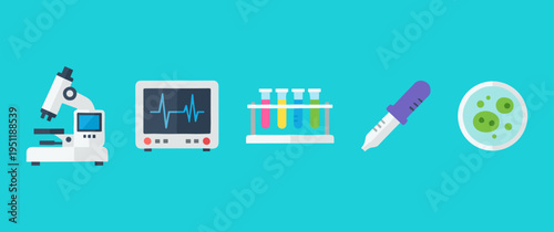 Laboratory equipment icons set in flat design including microscope heart rate monitor test tubes pipette and petri dish with bacteria culture