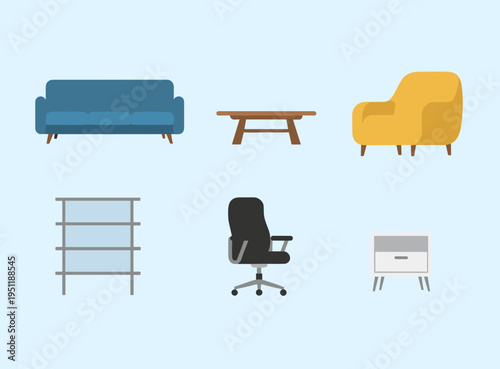 Modern furniture collection icons featuring blue sofa wooden coffee table yellow armchair bookshelf office chair and nightstand in flat style