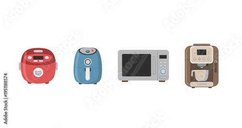 Kitchen appliances collection icons including rice cooker air fryer microwave oven and automatic coffee machine on white background flat design
